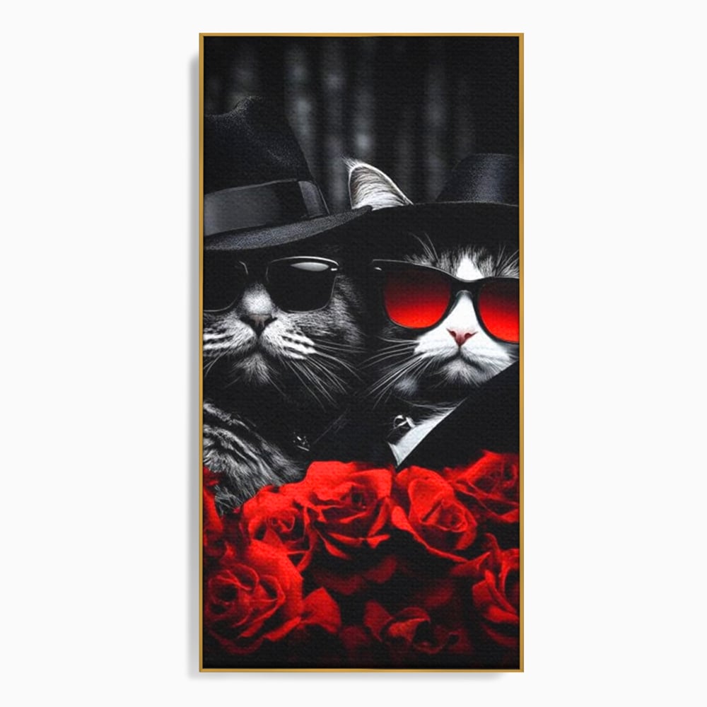 Tablou canvas cu tablou canvas cu pisici gangster, in rama de aluminiu auriu