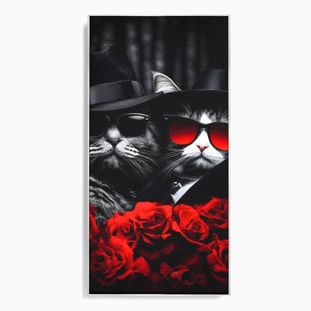 Tablou canvas cu tablou canvas cu pisici gangster, in rama de aluminiu argintiu