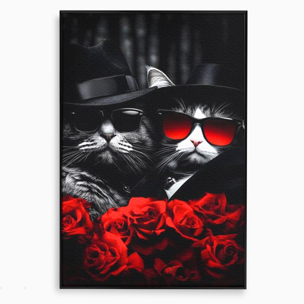 Tablou canvas cu tablou canvas cu pisici gangster, in rama de aluminiu negru