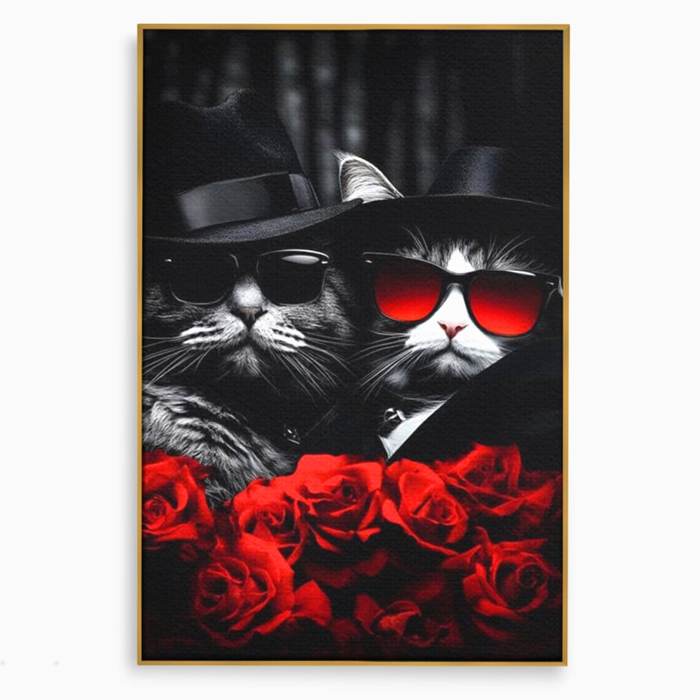Tablou canvas cu tablou canvas cu pisici gangster, in rama de aluminiu auriu