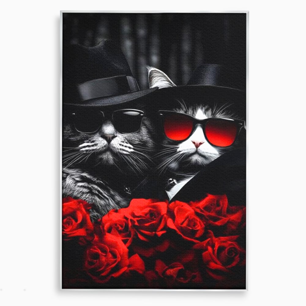 Tablou canvas cu tablou canvas cu pisici gangster, in rama de aluminiu argintiu