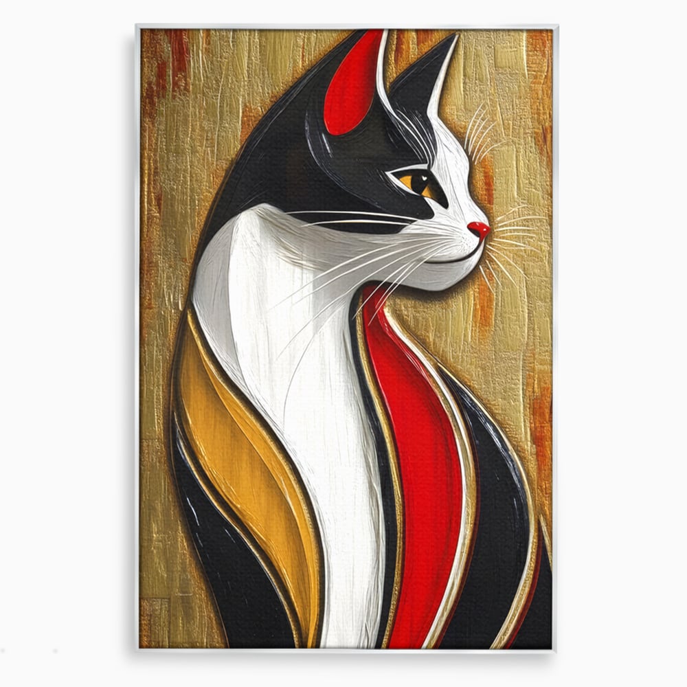 Tablou canvas cu tablou canvas cu silueta de pisica in profil, in rama de aluminiu argintiu