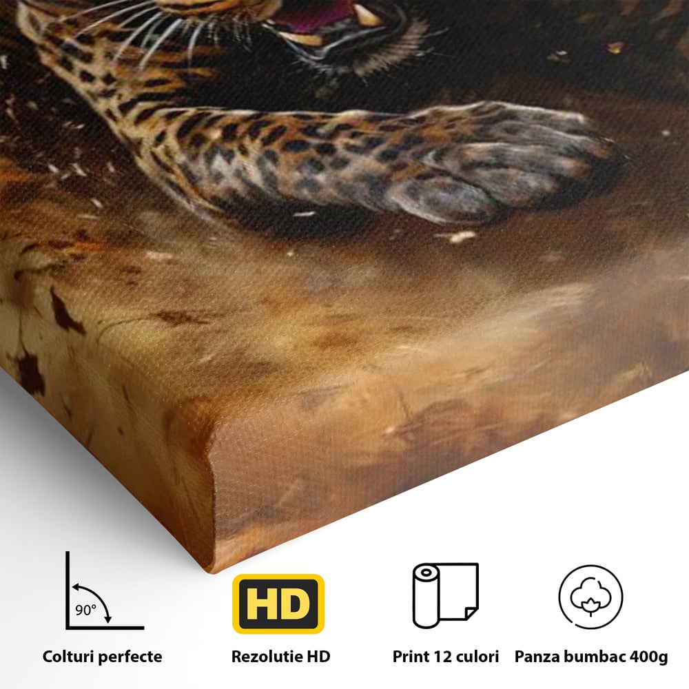 Detaliu al suprafetei: tablou canvas cu leopard in alergare, fara rama, pe sasiu de lemn