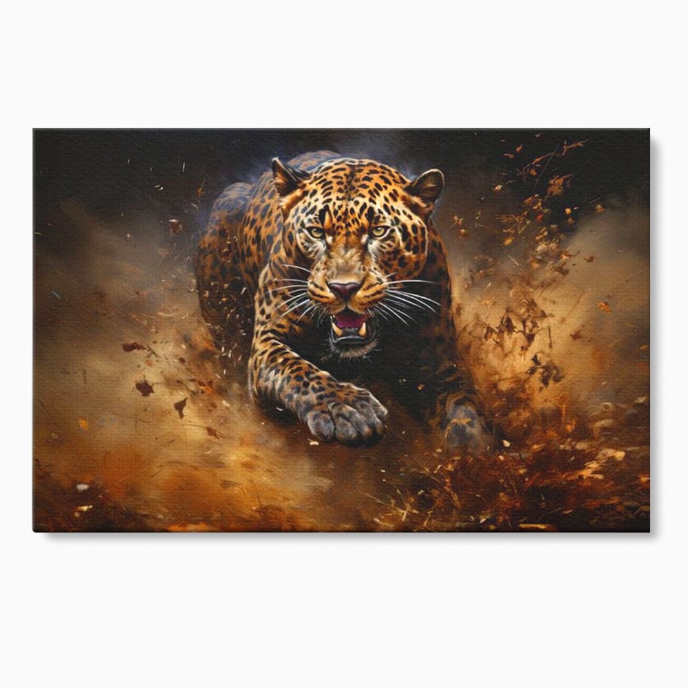 Tablou canvas cu tablou canvas cu leopard in alergare, fara rama, pe sasiu de lemn