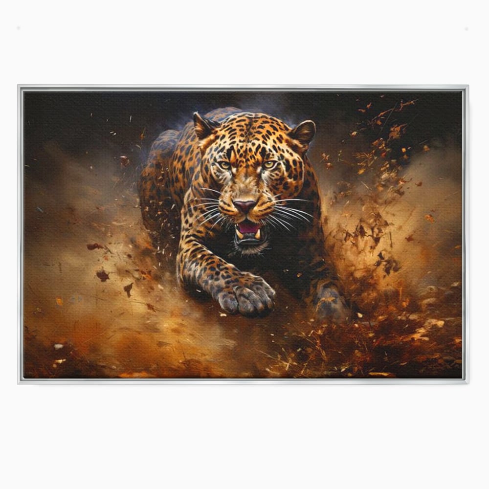 Tablou canvas cu tablou canvas cu leopard in alergare, in rama de aluminiu argintiu