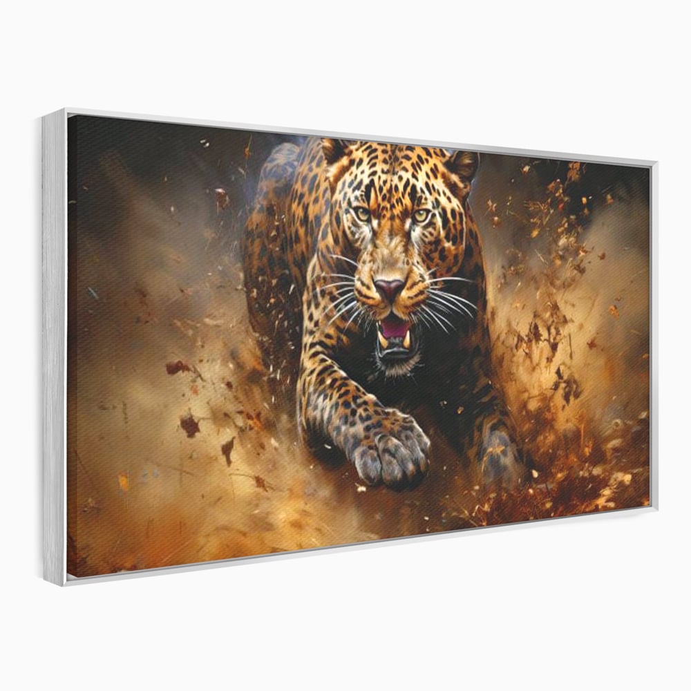 Tablou canvas cu tablou canvas cu leopard in alergare, in rama de aluminiu argintiu