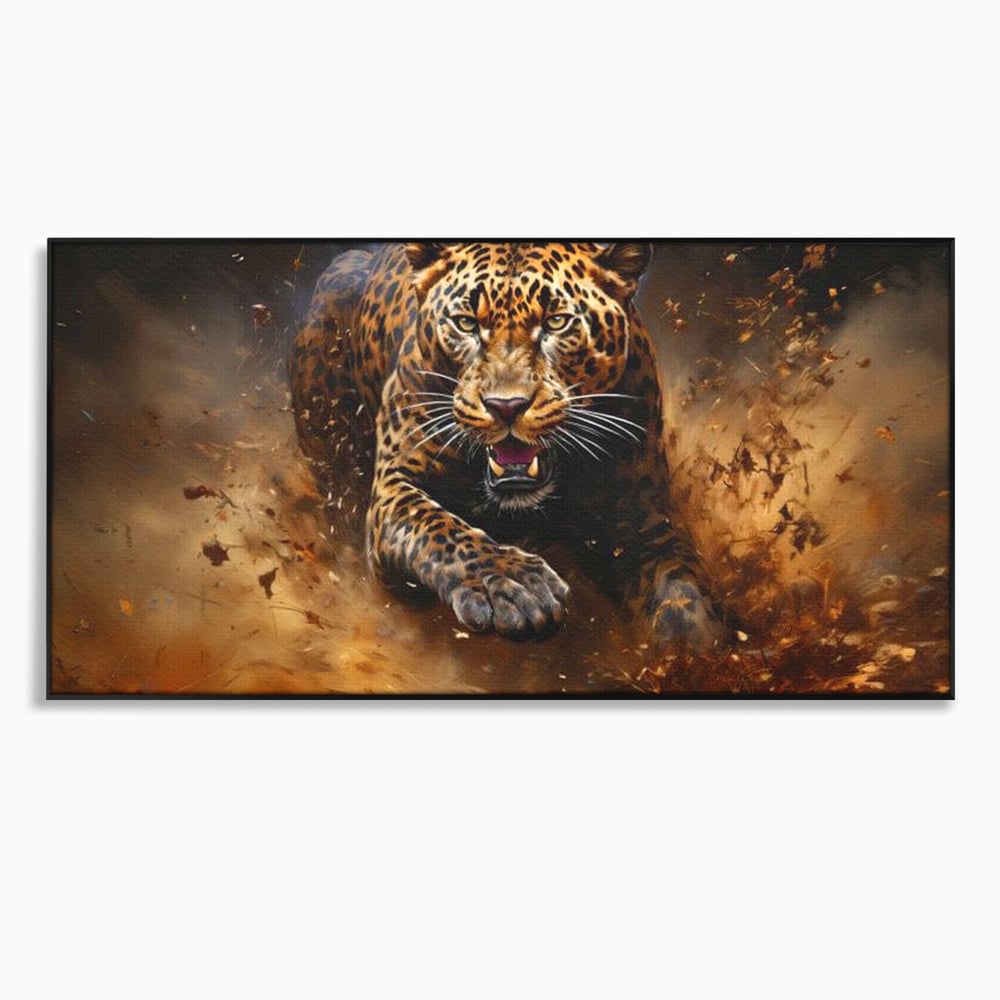 Tablou canvas cu tablou canvas cu leopard in alergare, in rama de aluminiu negru