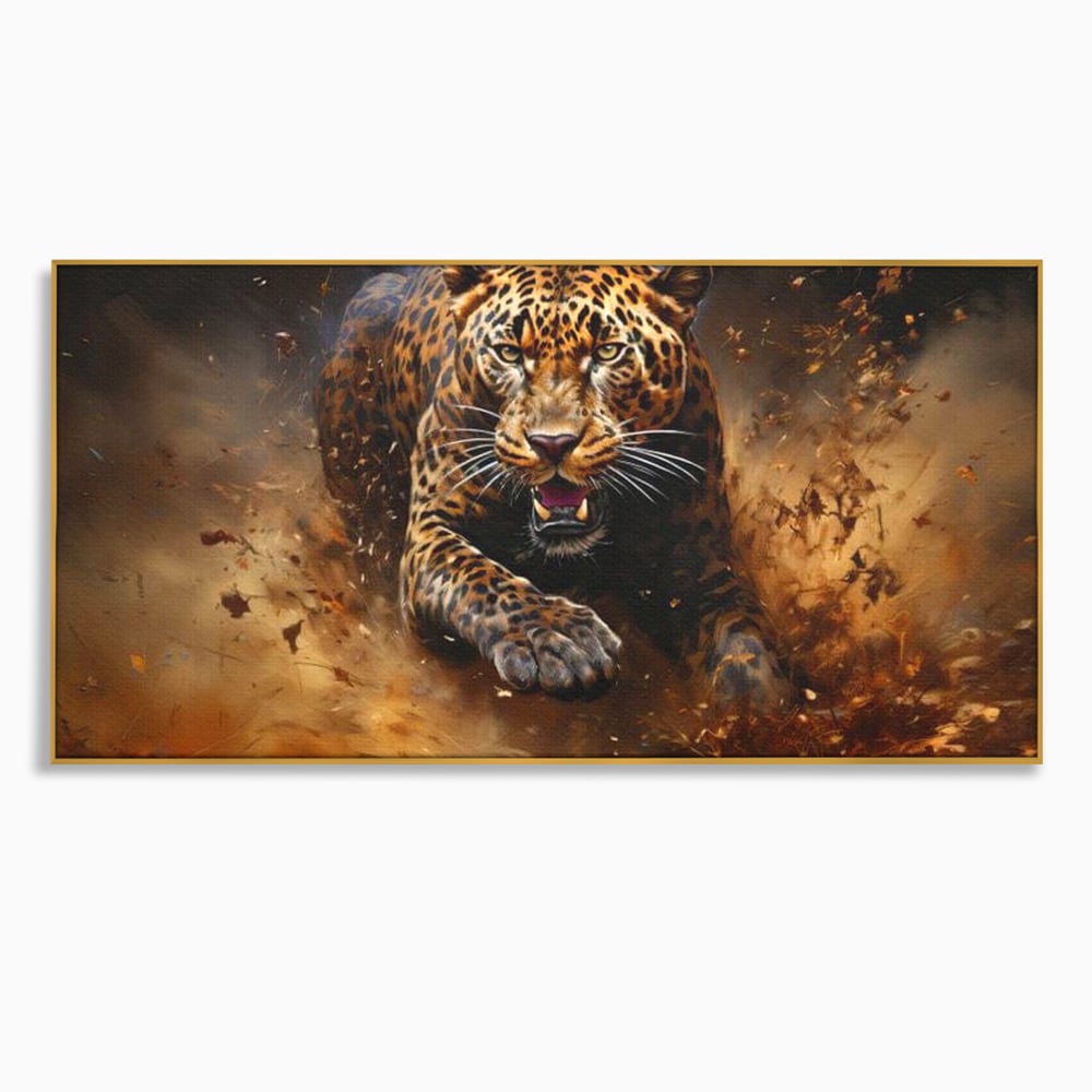 Tablou canvas cu tablou canvas cu leopard in alergare, in rama de aluminiu auriu