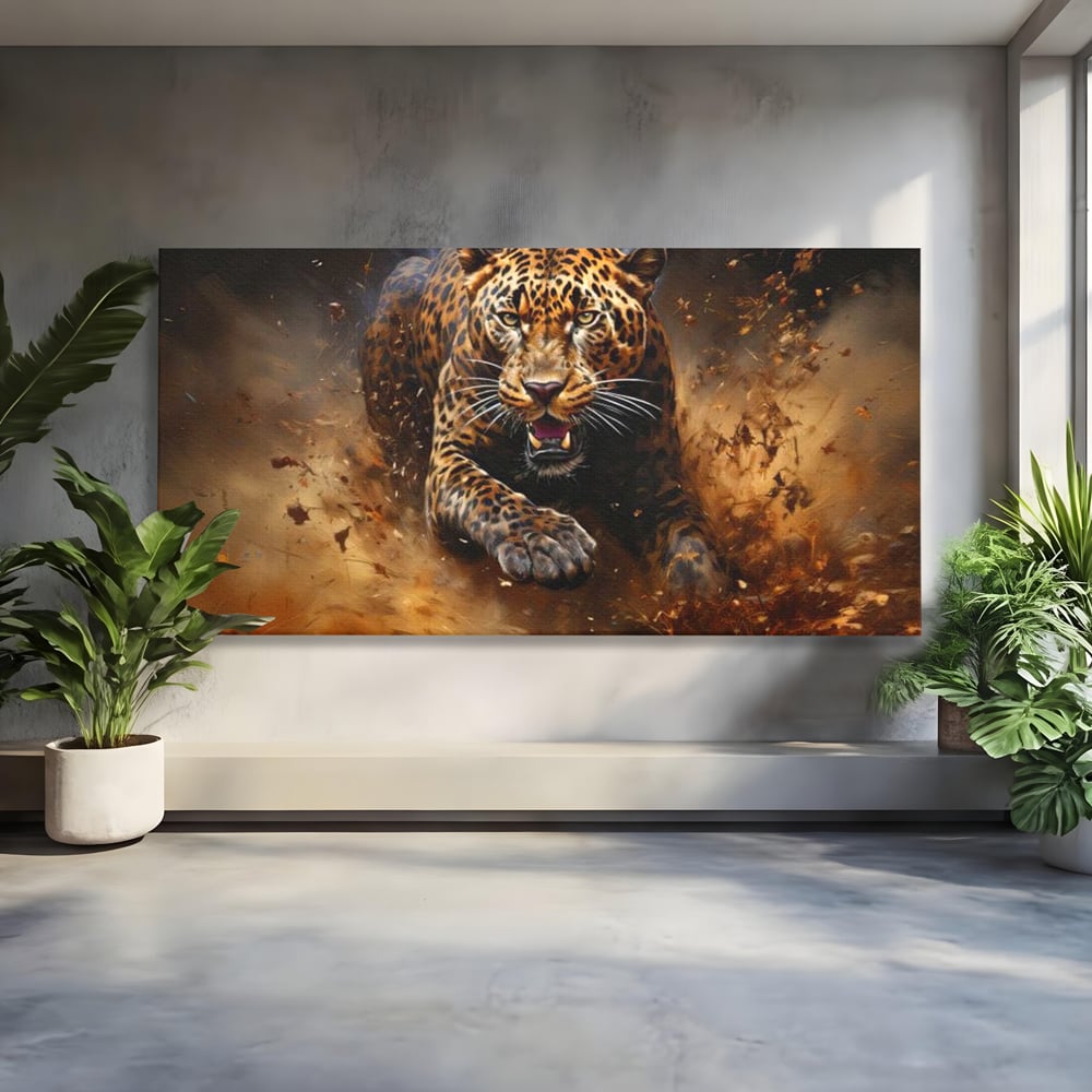 Tablou canvas cu tablou canvas cu leopard in alergare, fara rama, pe sasiu de lemn