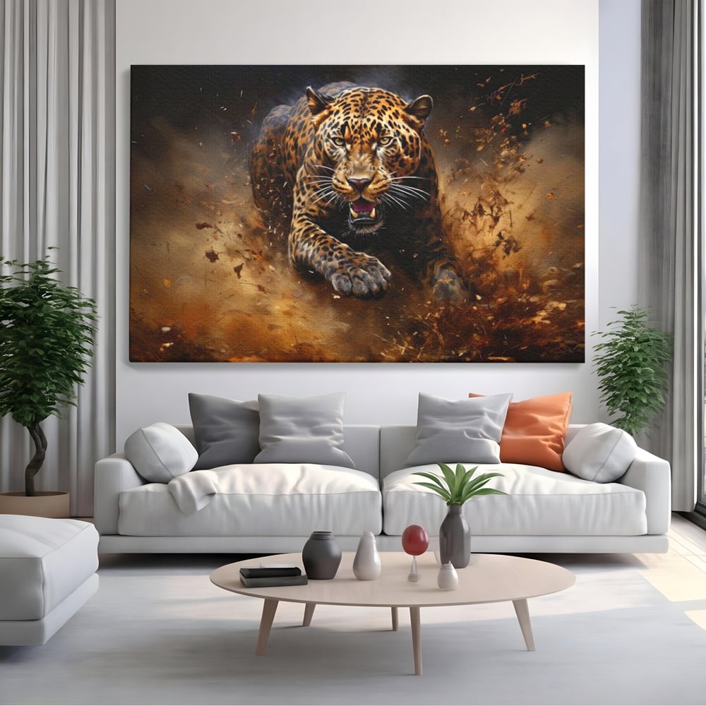 Tablou canvas cu tablou canvas cu leopard in alergare, fara rama, pe sasiu de lemn, pe perete intr-un living