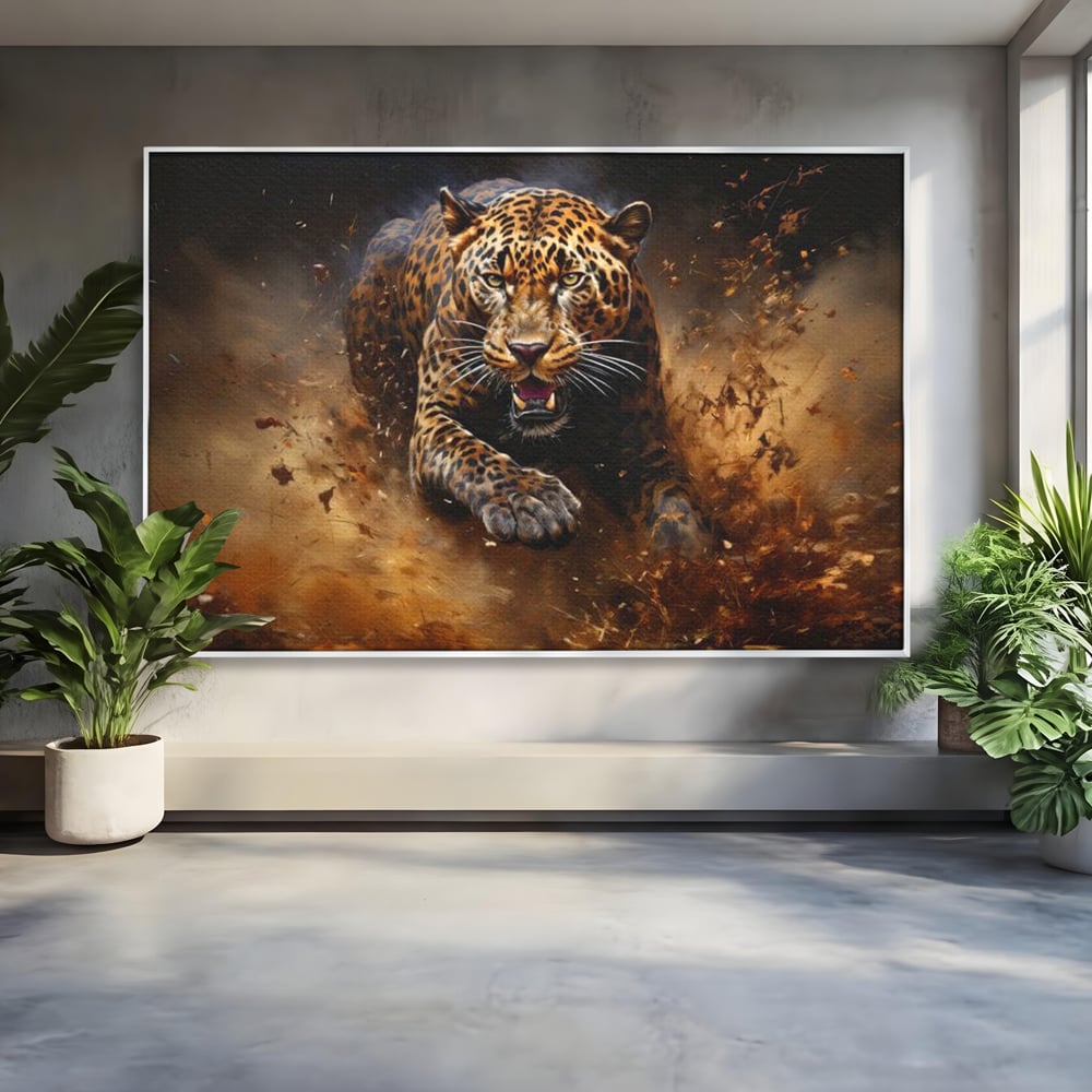Tablou canvas cu tablou canvas cu leopard in alergare, in rama de aluminiu argintiu