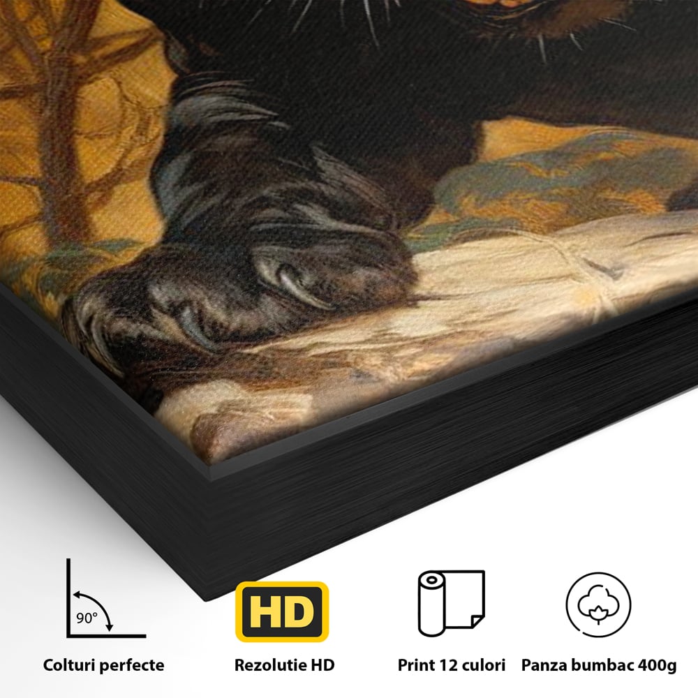 Detaliu al suprafetei: tablou canvas cu pantera neagra furioasa, in rama de aluminiu negru
