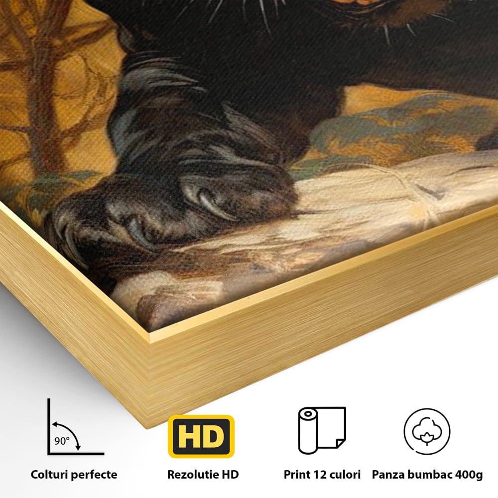 Detaliu al suprafetei: tablou canvas cu pantera neagra furioasa, in rama de aluminiu auriu