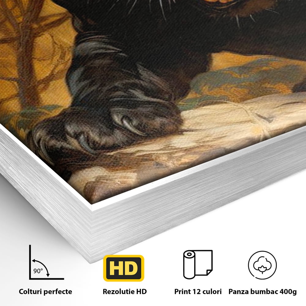 Detaliu al suprafetei: tablou canvas cu pantera neagra furioasa, in rama de aluminiu argintiu