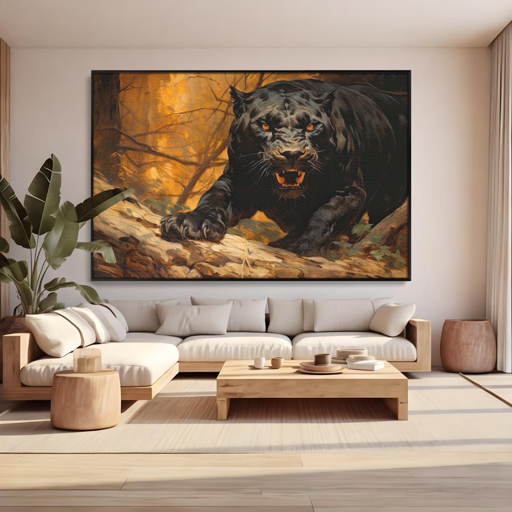 Tablou canvas cu tablou canvas cu pantera neagra furioasa, in rama de aluminiu negru, pe perete intr-un living
