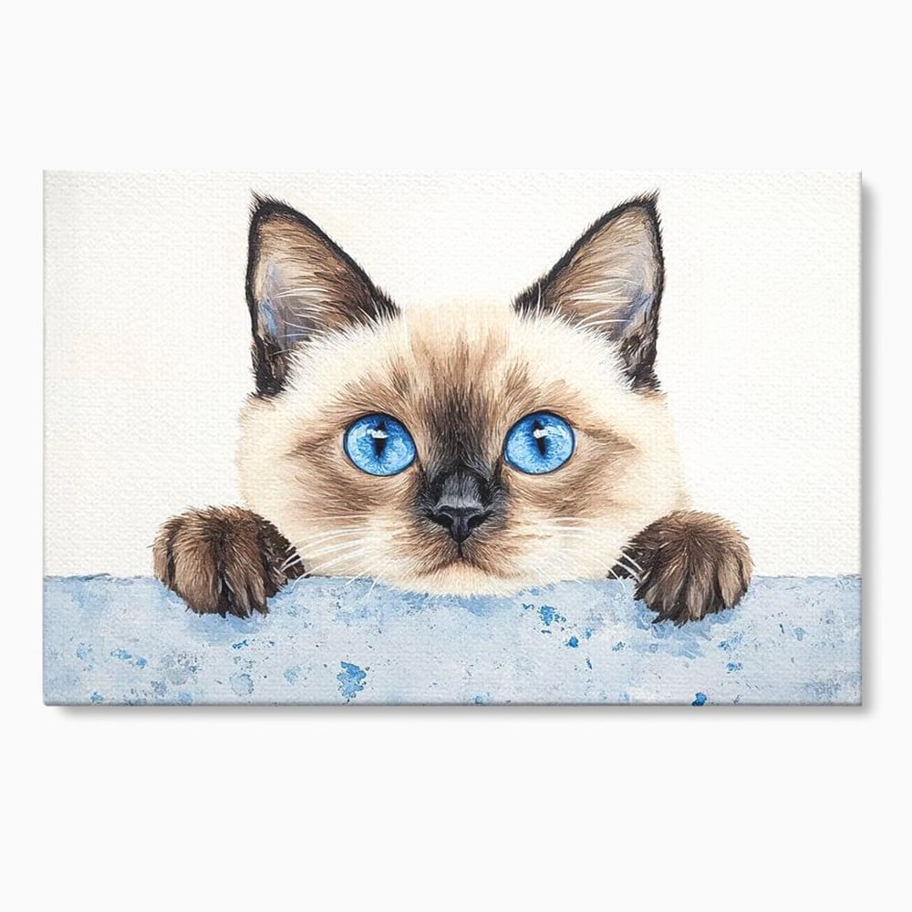 Tablou canvas cu tablou canvas cu pisica siameza si ochi albastrii, fara rama, pe sasiu de lemn
