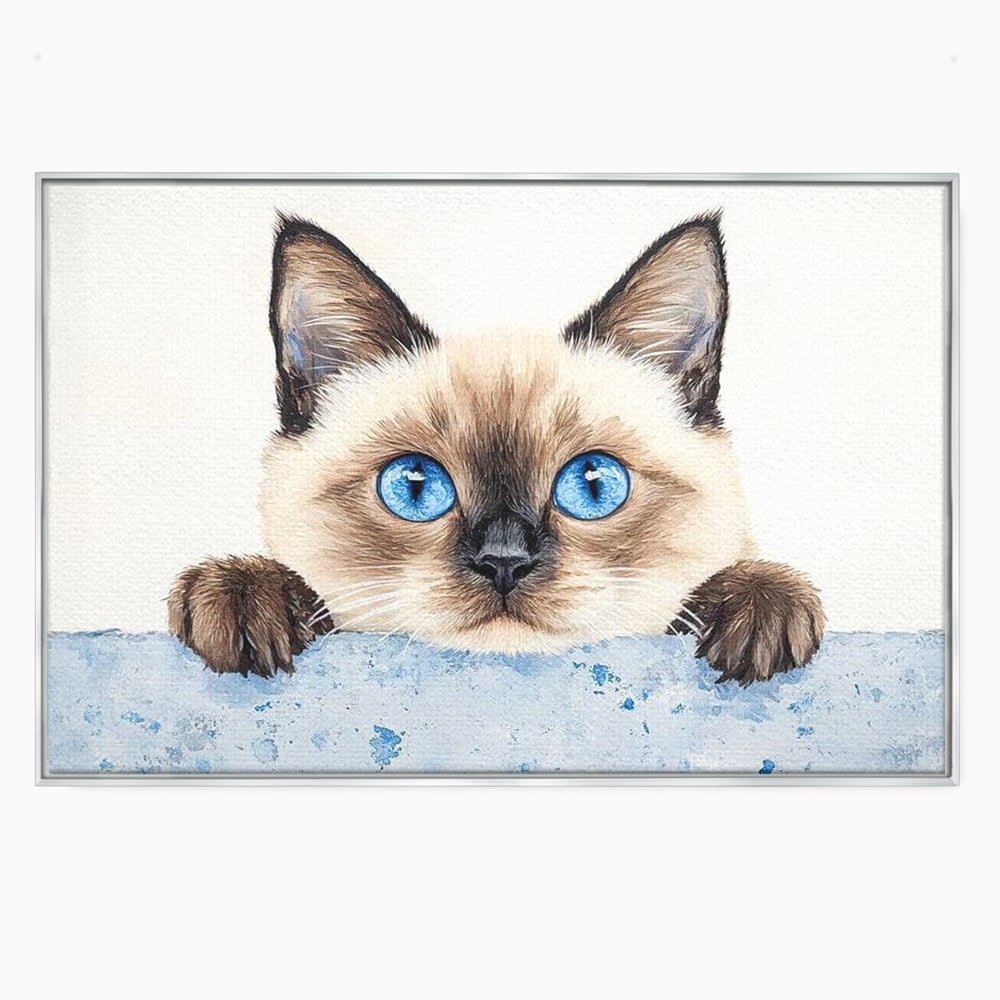 Tablou canvas cu tablou canvas cu pisica siameza si ochi albastrii, in rama de aluminiu argintiu