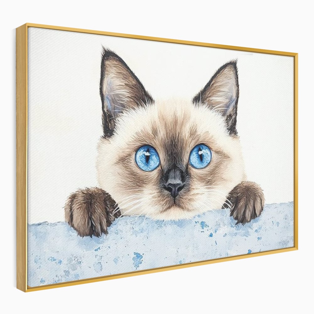 Tablou canvas cu tablou canvas cu pisica siameza si ochi albastrii, in rama de aluminiu auriu
