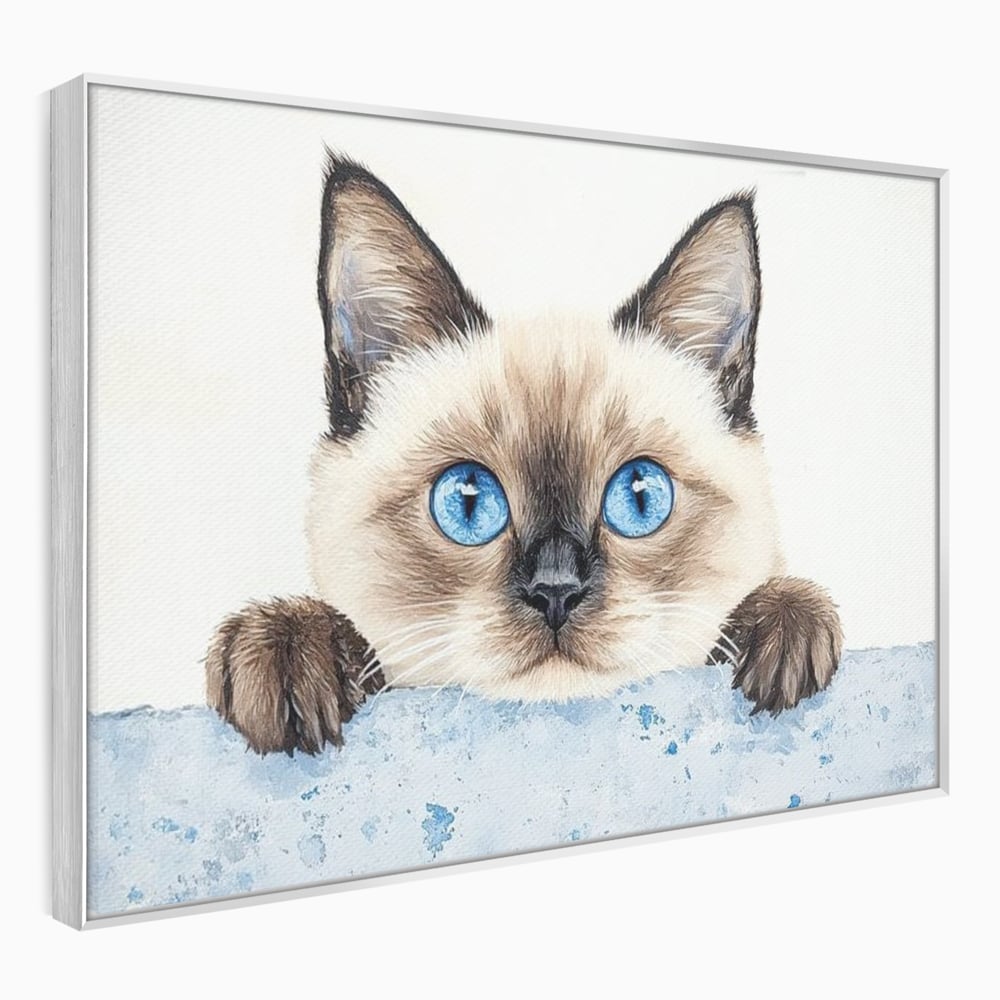 Tablou canvas cu tablou canvas cu pisica siameza si ochi albastrii, in rama de aluminiu argintiu