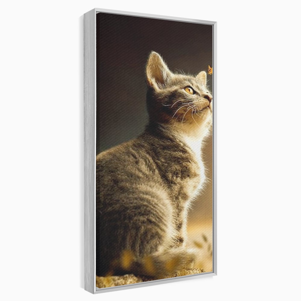 Tablou canvas cu tablou canvas cu pisica si fluture, in rama de aluminiu argintiu