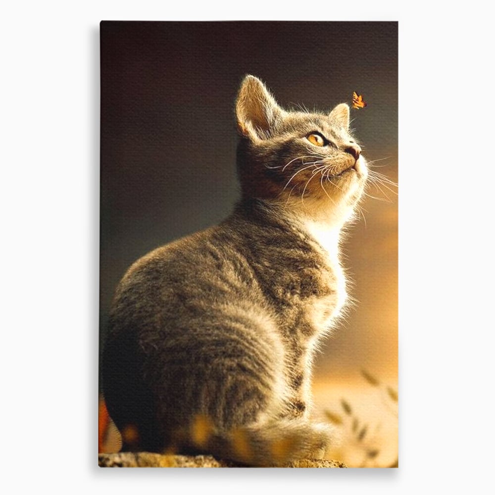 Tablou canvas cu tablou canvas cu pisica si fluture, fara rama, pe sasiu de lemn
