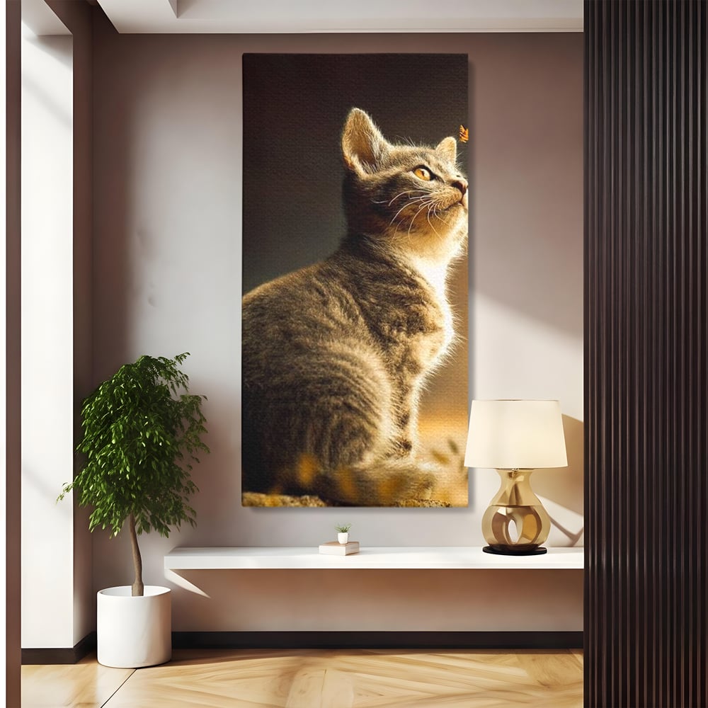 Tablou canvas cu tablou canvas cu pisica si fluture, fara rama, pe sasiu de lemn