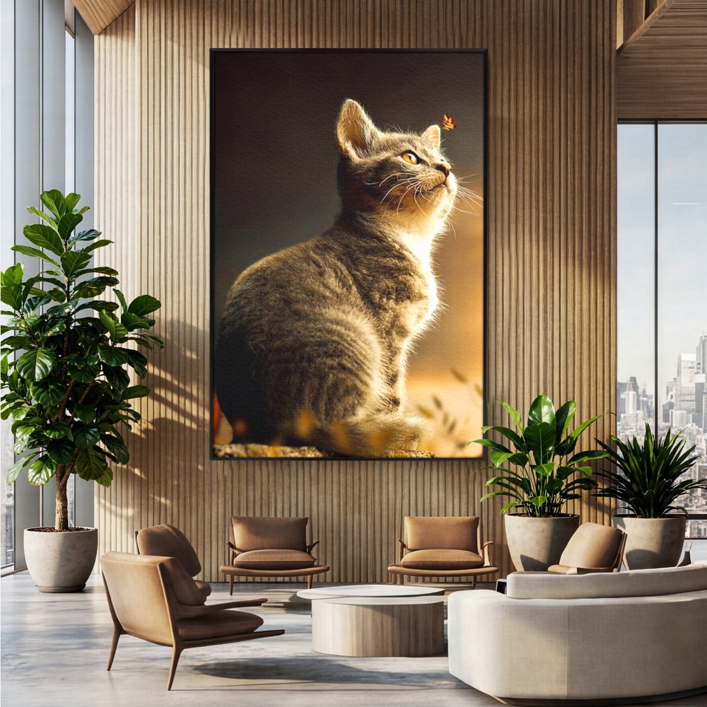 Tablou canvas cu tablou canvas cu pisica si fluture, in rama de aluminiu negru, pe perete intr-un birou