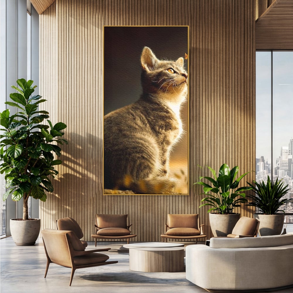 Tablou canvas cu tablou canvas cu pisica si fluture, in rama de aluminiu auriu, pe perete intr-un birou