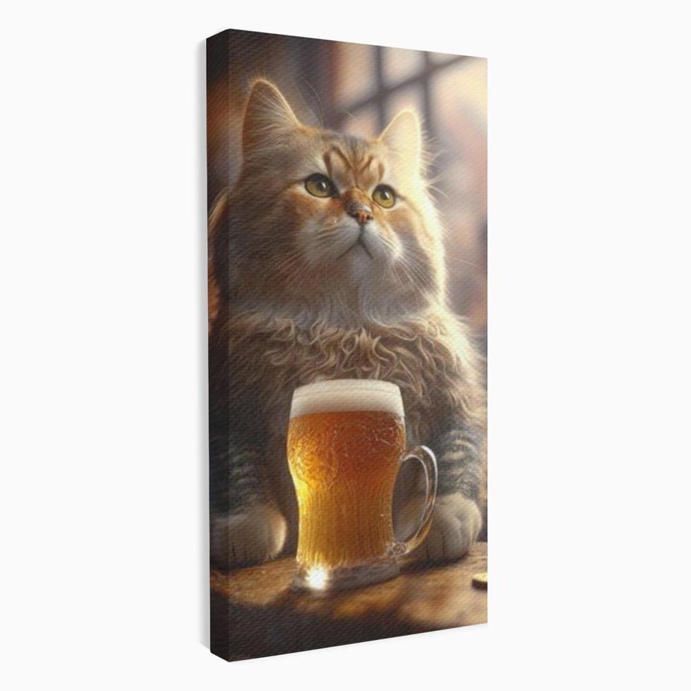 Tablou canvas cu tablou canvas cu motan pufos si halba de bere, fara rama, pe sasiu de lemn