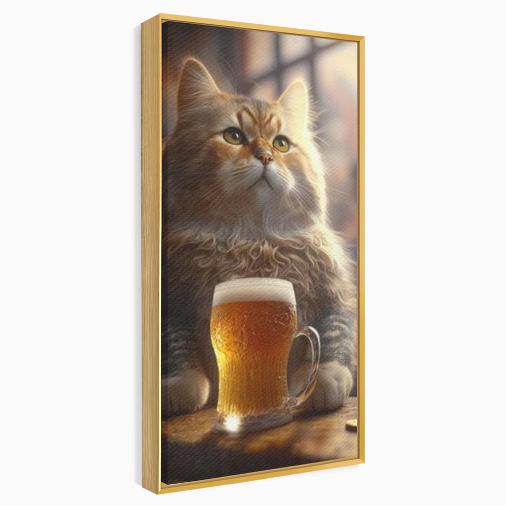 Tablou canvas cu tablou canvas cu motan pufos si halba de bere, in rama de aluminiu auriu