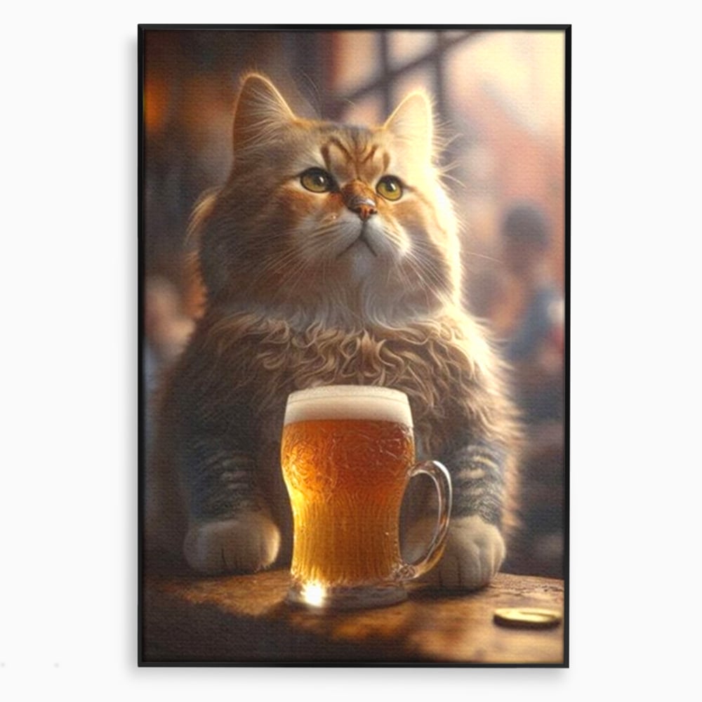 Tablou canvas cu tablou canvas cu motan pufos si halba de bere, in rama de aluminiu negru