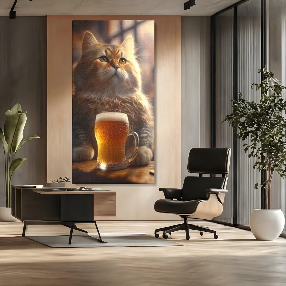 Tablou canvas cu tablou canvas cu motan pufos si halba de bere, fara rama, pe sasiu de lemn, pe perete intr-un birou