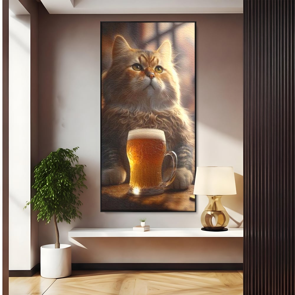 Tablou canvas cu tablou canvas cu motan pufos si halba de bere, in rama de aluminiu negru