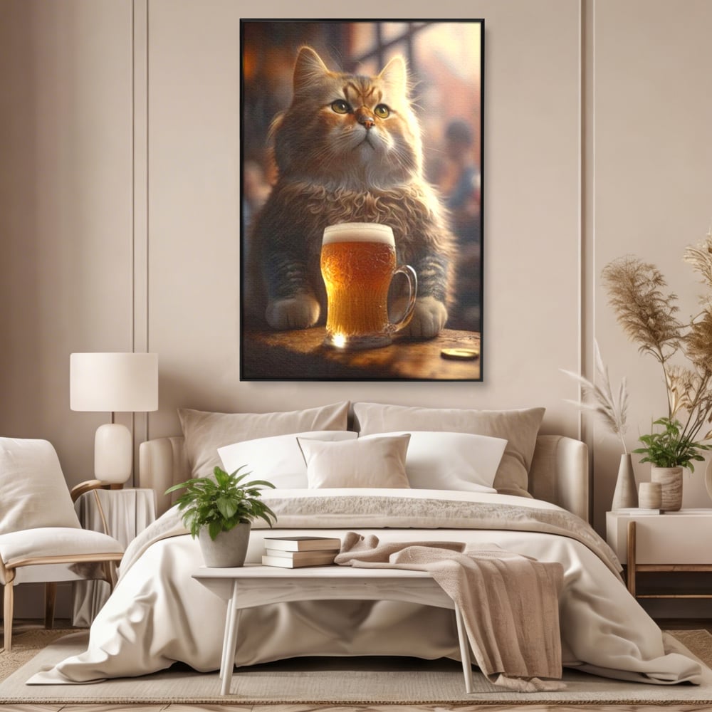 Tablou canvas cu tablou canvas cu motan pufos si halba de bere, in rama de aluminiu negru, pe perete intr-un dormitor