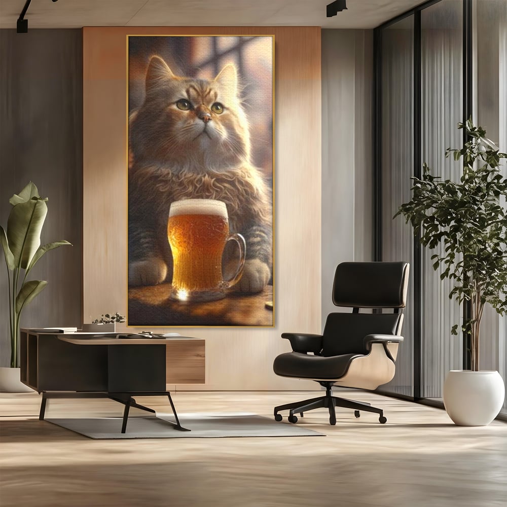 Tablou canvas cu tablou canvas cu motan pufos si halba de bere, in rama de aluminiu auriu, pe perete intr-un birou