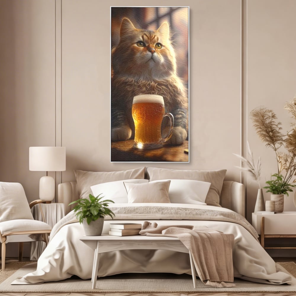 Tablou canvas cu tablou canvas cu motan pufos si halba de bere, in rama de aluminiu argintiu, pe perete intr-un dormitor