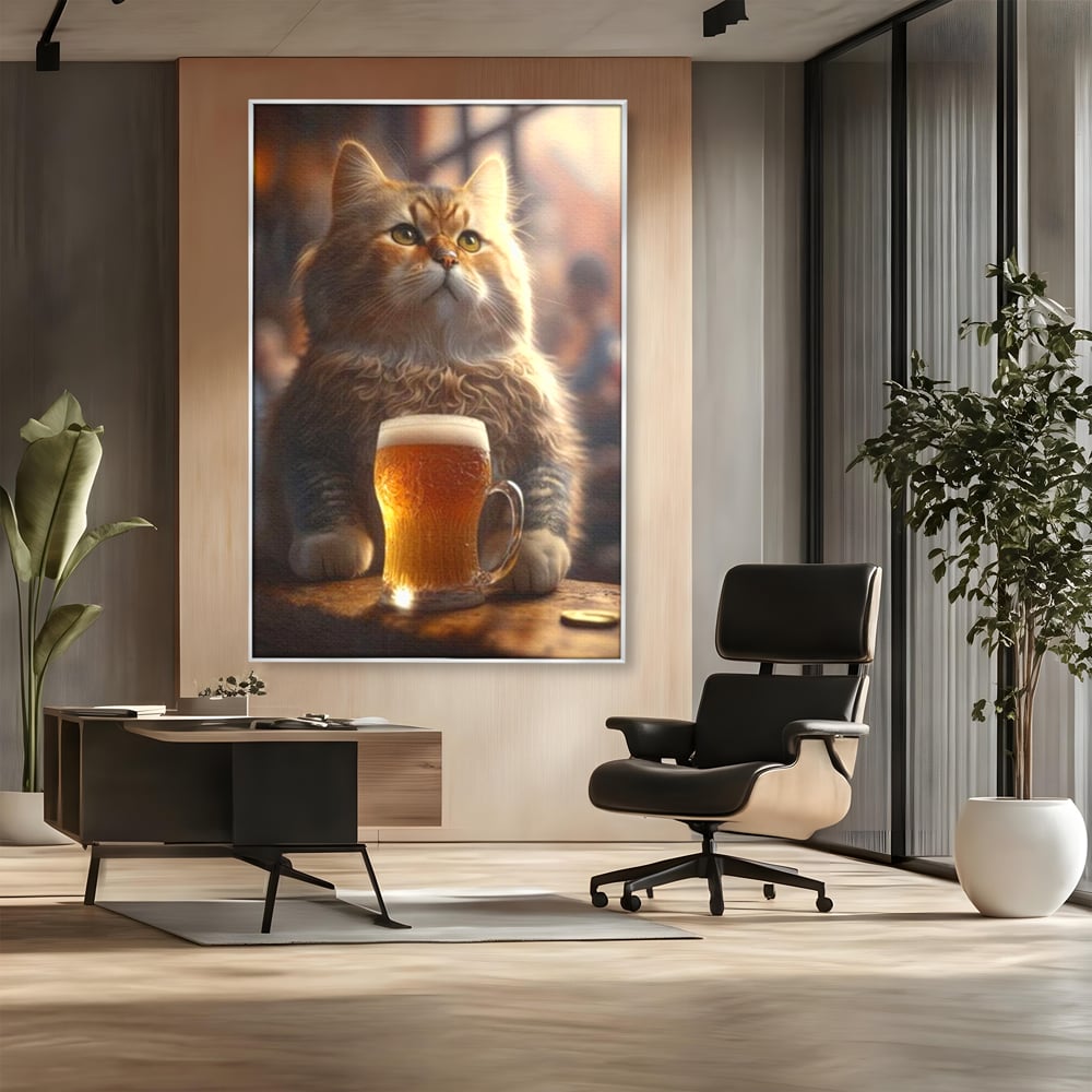 Tablou canvas cu tablou canvas cu motan pufos si halba de bere, in rama de aluminiu argintiu, pe perete intr-un birou