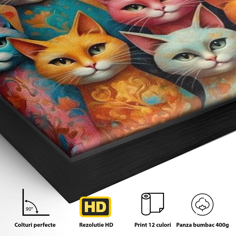 Detaliu al suprafetei: tablou canvas cu opt pisici colorate, in rama de aluminiu negru