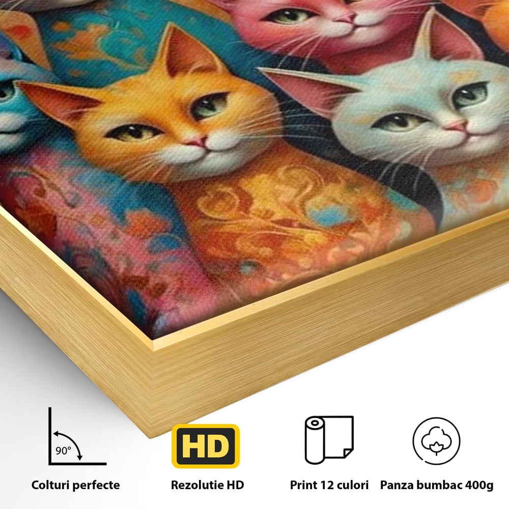 Detaliu al suprafetei: tablou canvas cu opt pisici colorate, in rama de aluminiu auriu