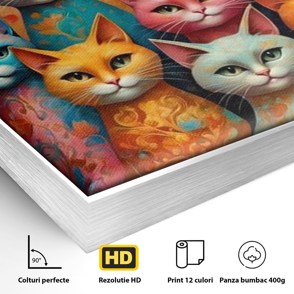 Detaliu al suprafetei: tablou canvas cu opt pisici colorate, in rama de aluminiu argintiu