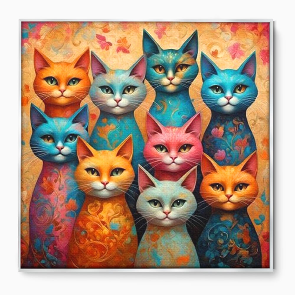 Tablou canvas cu tablou canvas cu opt pisici colorate, in rama de aluminiu argintiu