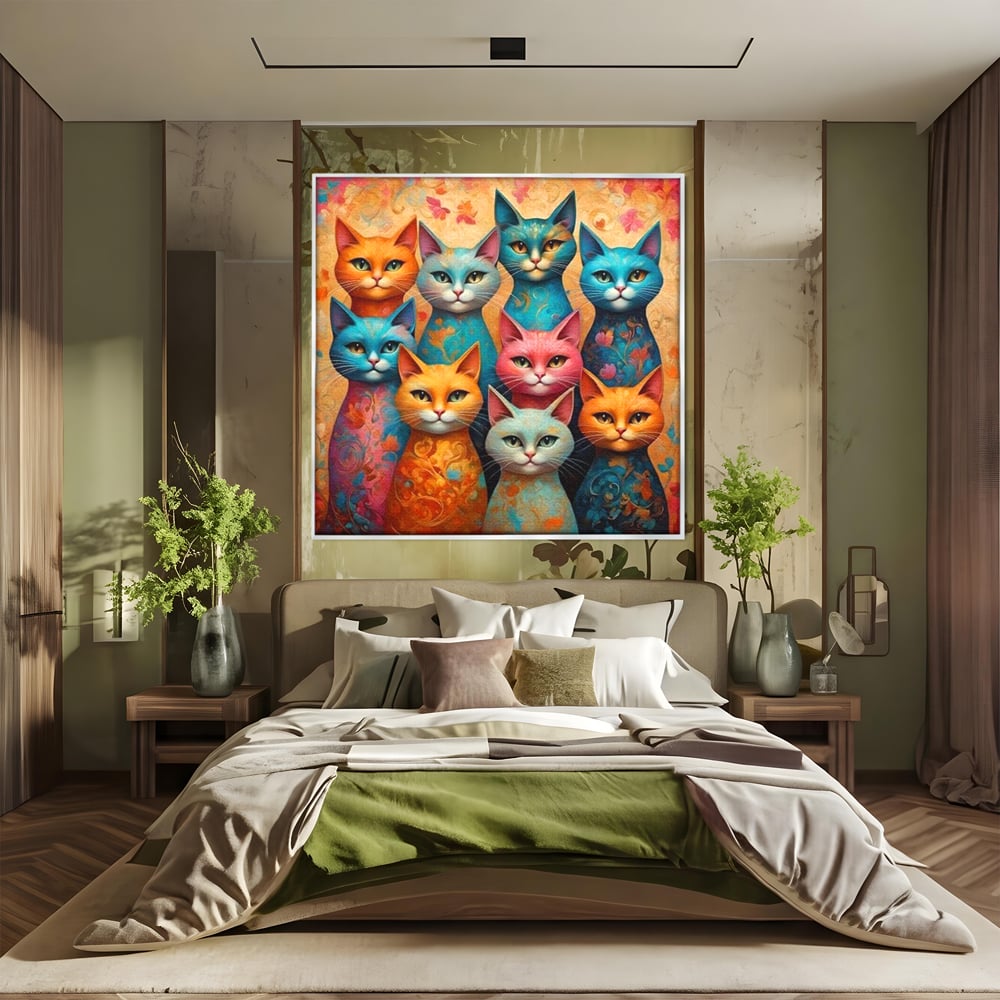 Tablou canvas cu tablou canvas cu opt pisici colorate, in rama de aluminiu argintiu, pe perete intr-un dormitor