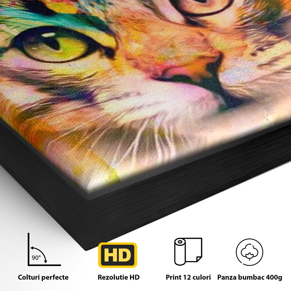 Detaliu al suprafetei: tablou canvas cu pisica in stil graffiti, in rama de aluminiu negru