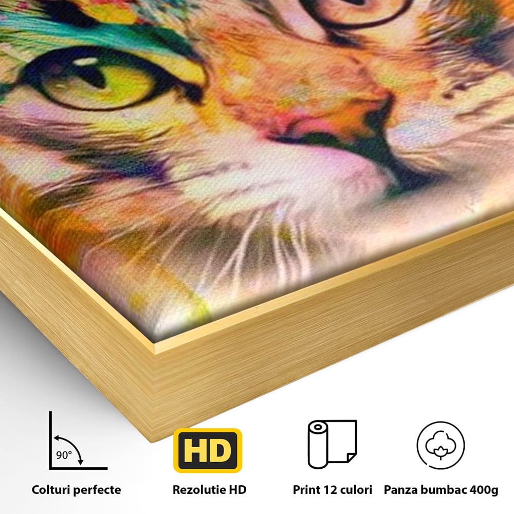 Detaliu al suprafetei: tablou canvas cu pisica in stil graffiti, in rama de aluminiu auriu