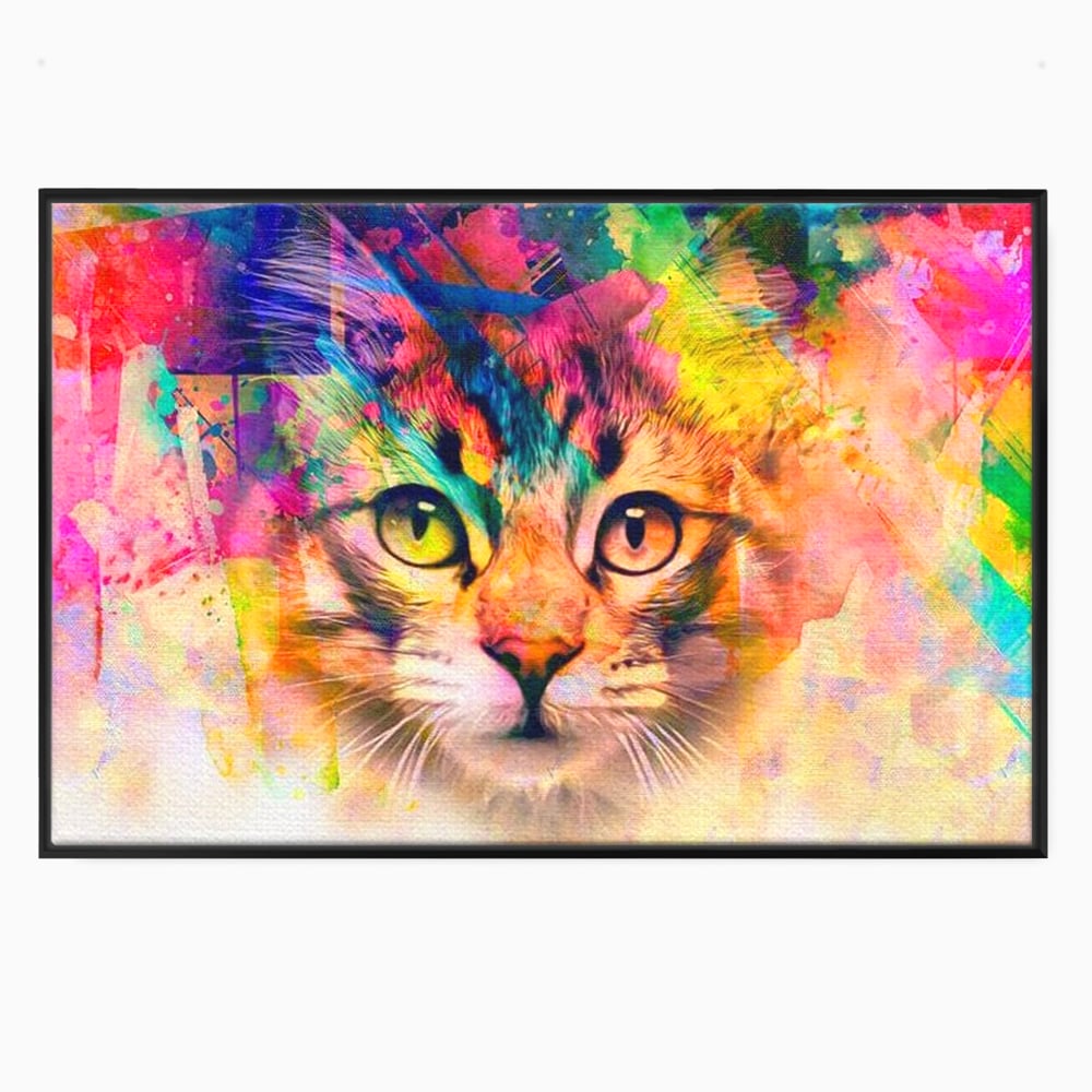 Tablou canvas cu tablou canvas cu pisica in stil graffiti, in rama de aluminiu negru