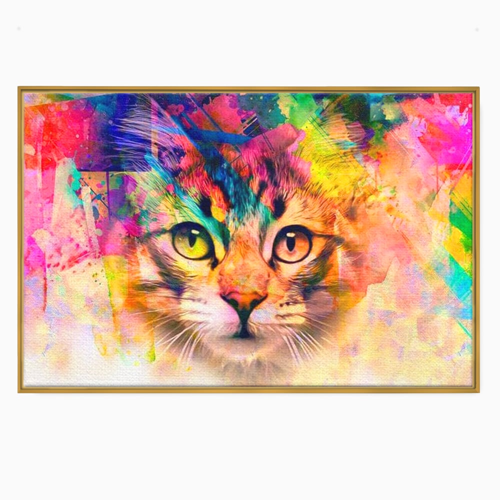 Tablou canvas cu tablou canvas cu pisica in stil graffiti, in rama de aluminiu auriu