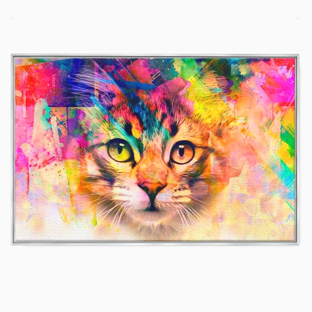 Tablou canvas cu tablou canvas cu pisica in stil graffiti, in rama de aluminiu argintiu