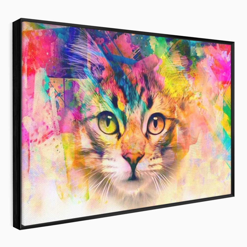 Tablou canvas cu tablou canvas cu pisica in stil graffiti, in rama de aluminiu negru