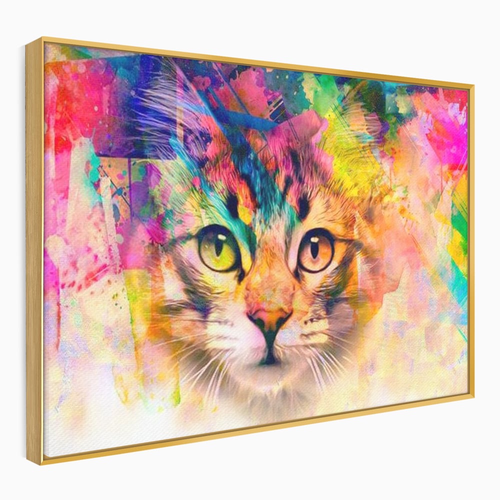 Tablou canvas cu tablou canvas cu pisica in stil graffiti, in rama de aluminiu auriu