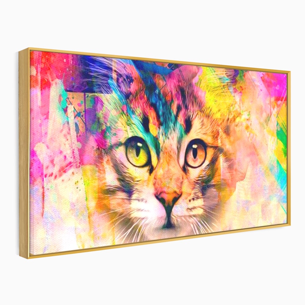 Tablou canvas cu tablou canvas cu pisica in stil graffiti, in rama de aluminiu auriu